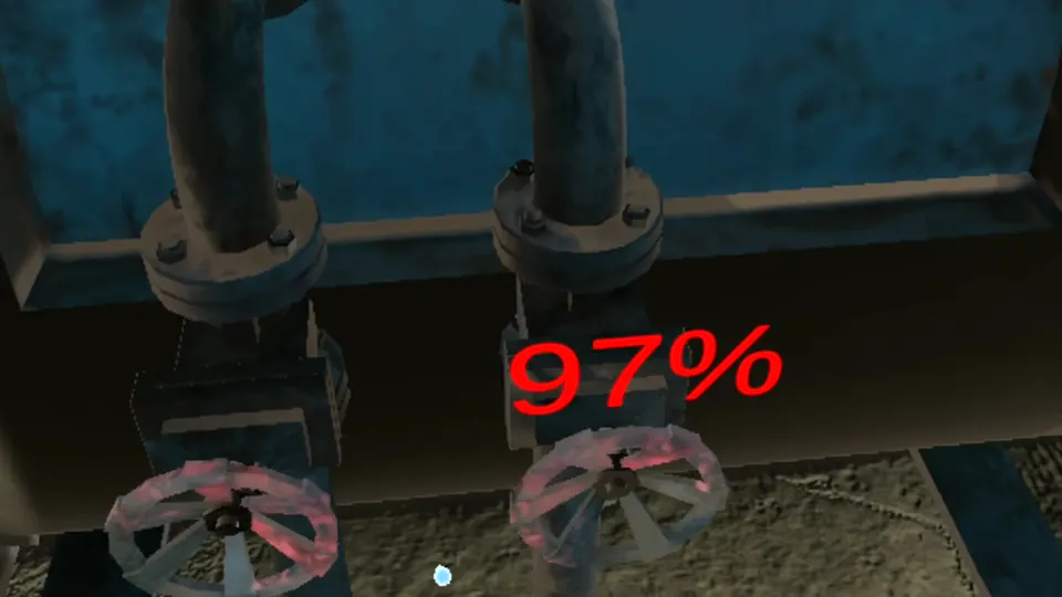 Capture du simulateur VR : ouverture d’une vanne sur la station de pompage, jauge à 97 %